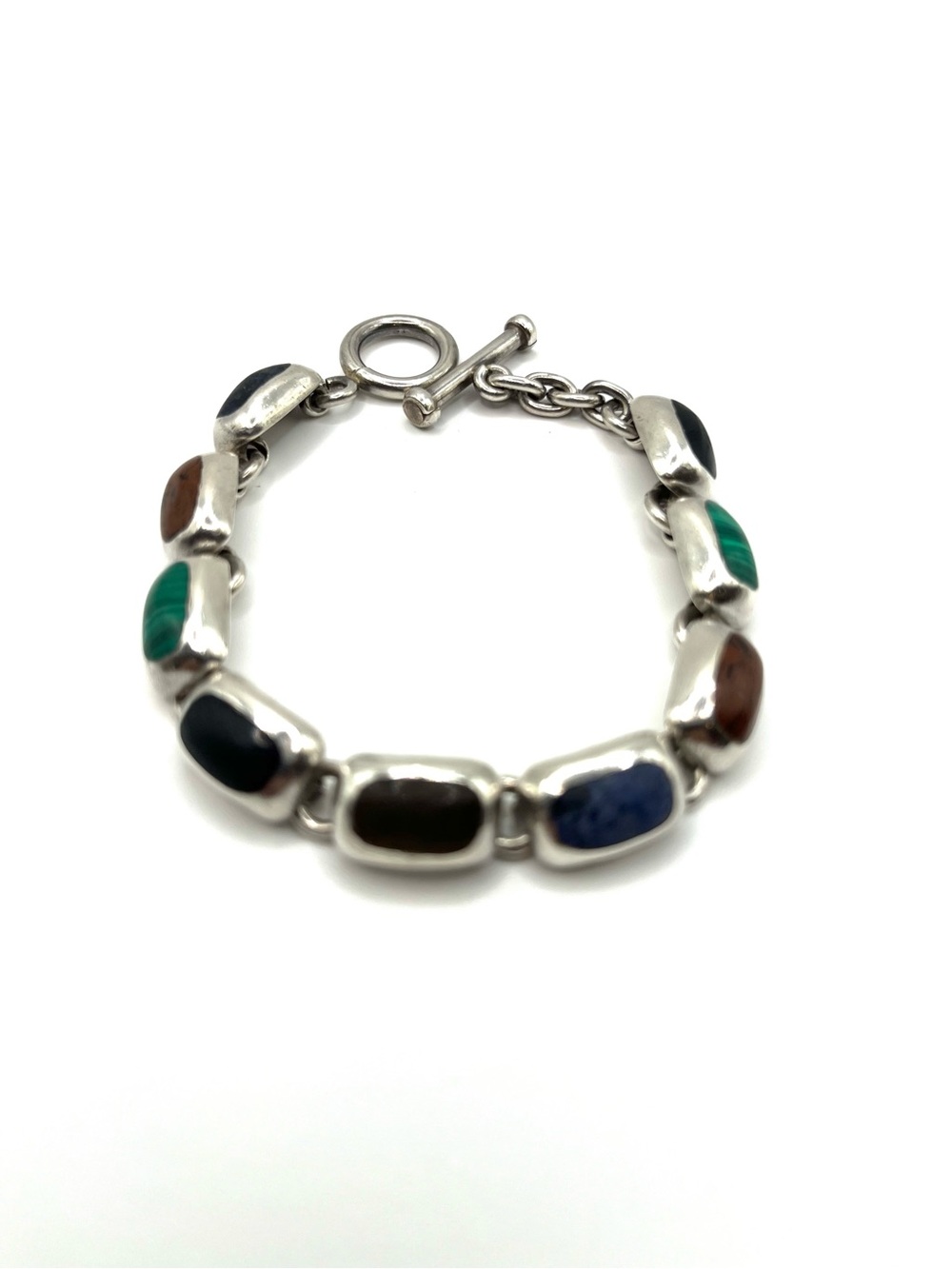 Vintage sterling silver Mexico multi stone chunky chain bracelet semiprecious